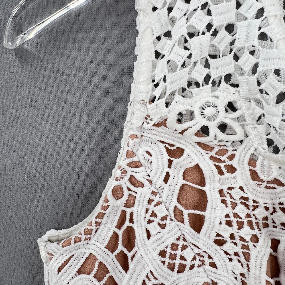 BARNEYS NEW YORK Crochet Lace Dress Womens XS White V-neck Sleeveless Tulip Midi - Picture 13 of 16